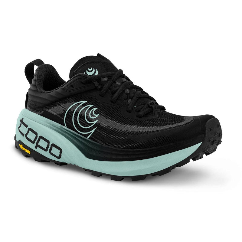Load image into Gallery viewer, Black and light blue running shoe with Topo Designs logo on a white background
