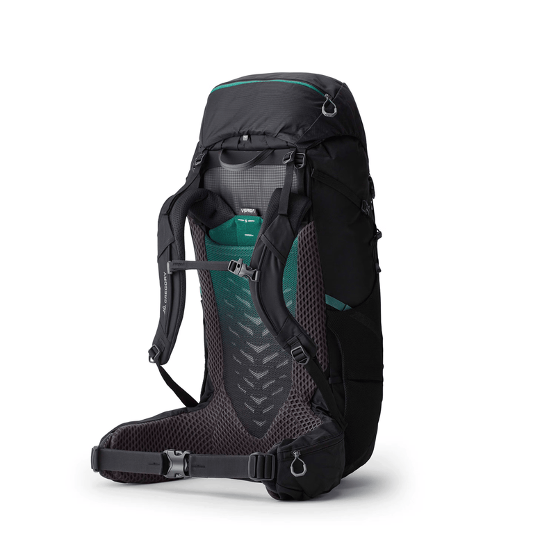 Load image into Gallery viewer, Black hiking backpack with teal accents on a white background
