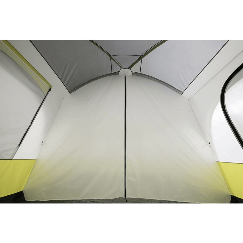 Load image into Gallery viewer, Close-up of a tent interior with white walls and yellow accents.
