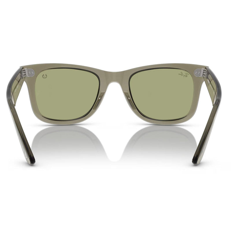 Load image into Gallery viewer, Sunglasses with green lenses and clear frame on a white background
