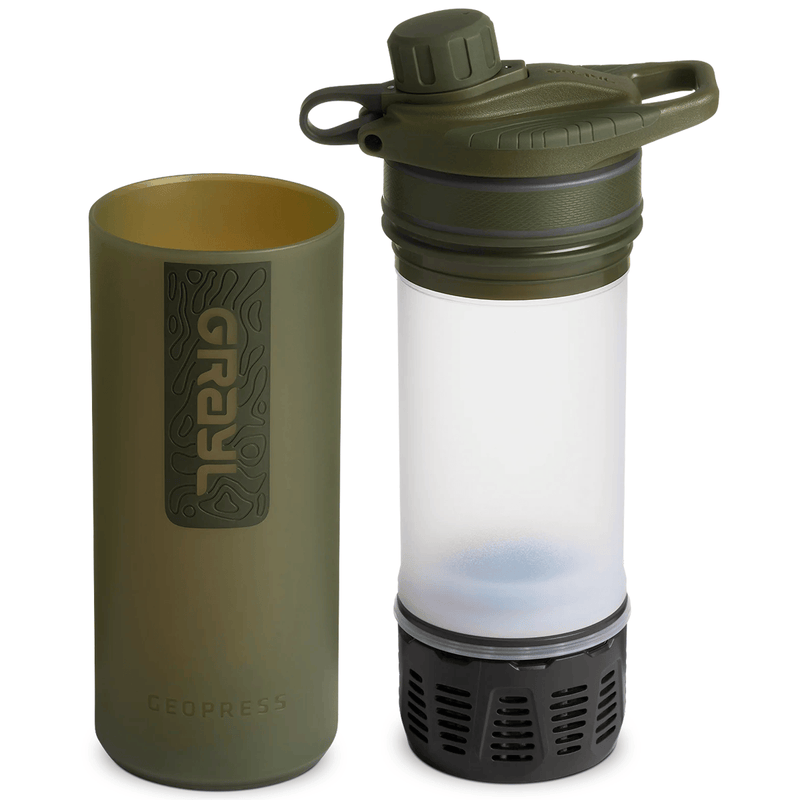 Load image into Gallery viewer, Green Geopress water bottle with clear filter chamber on a white background
