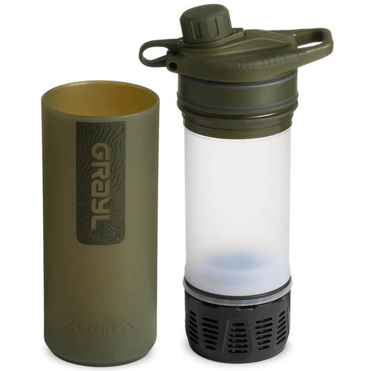 Green Geopress water bottle with clear filter chamber on a white background