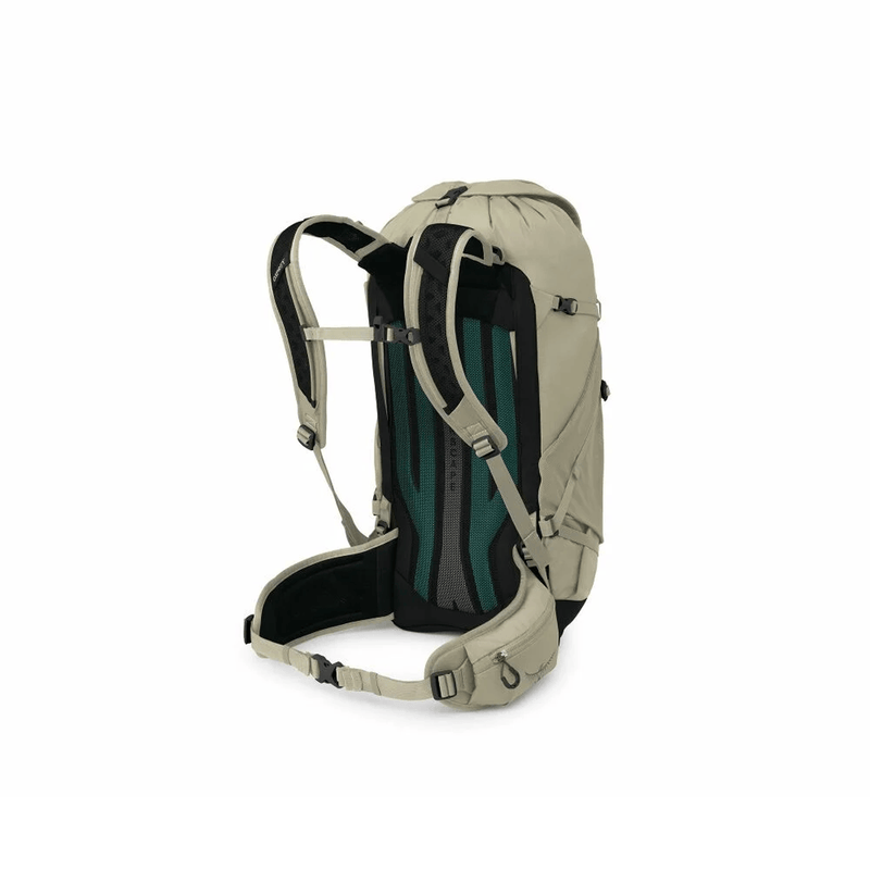 Load image into Gallery viewer, Beige backpack with green interior on a white background
