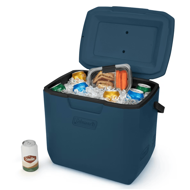 Load image into Gallery viewer, Blue cooler box with food and drinks on a white background
