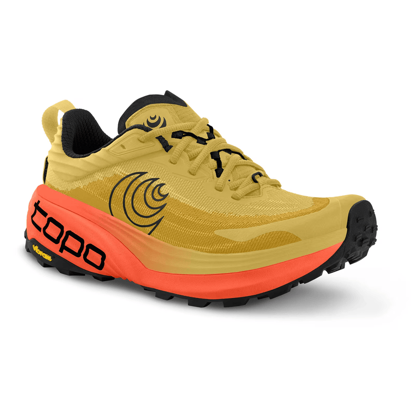 Load image into Gallery viewer, Yellow and orange running shoe with 'topo' branding on a white background
