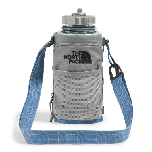 Gray water bottle holder with blue strap and The North Face logo on a white background