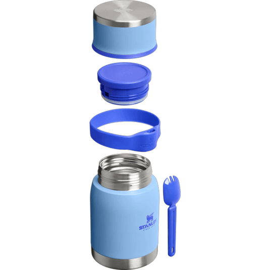 Blue thermos with silver interior and blue lid and fork on a white background