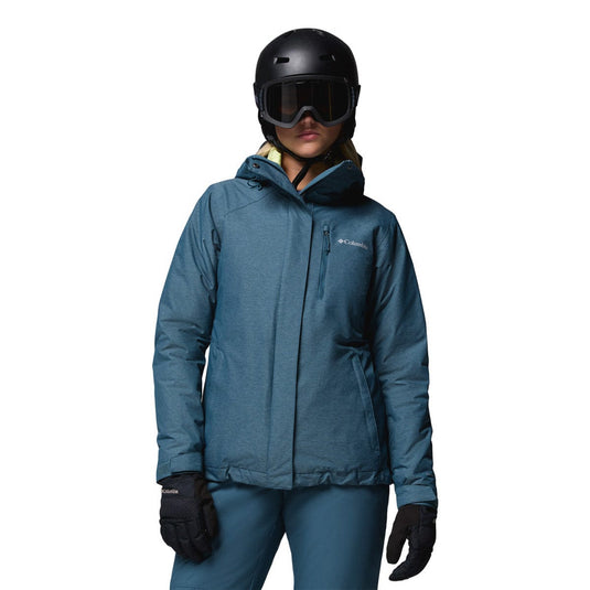 Person wearing a blue Columbia jacket, helmet, and goggles on a white background