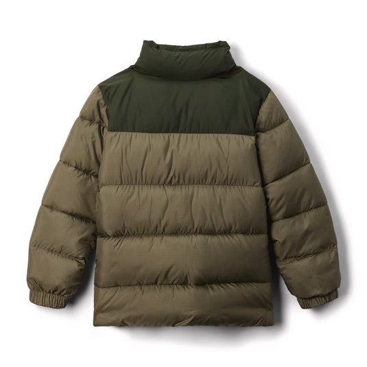 Green puffer jacket on a white background