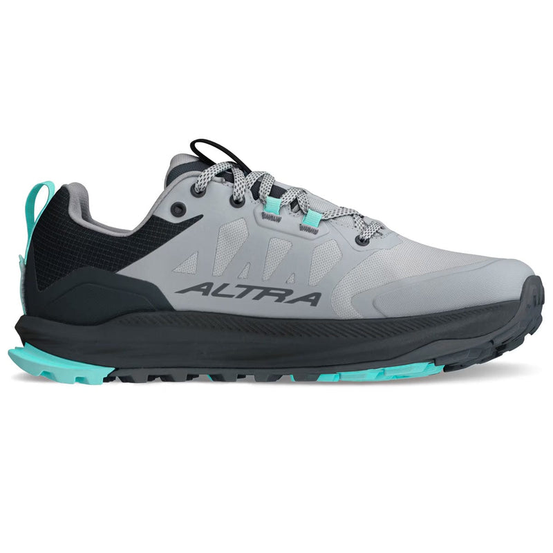 Load image into Gallery viewer, Gray and black running shoe with teal accents on a white background
