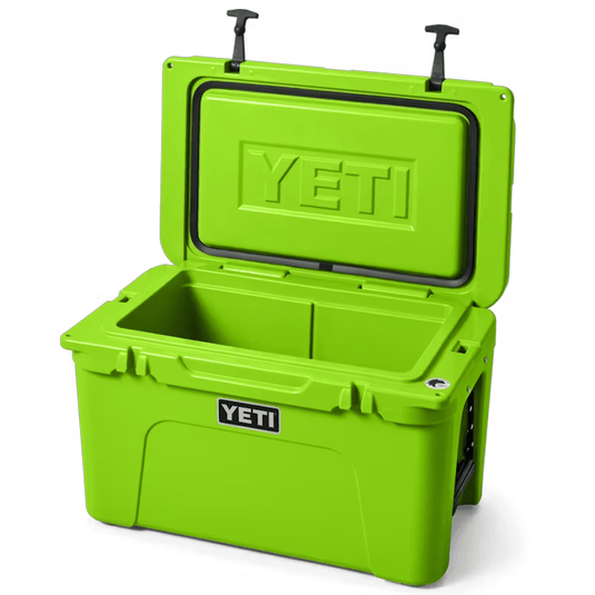 Green YETI cooler with open lid on a white background