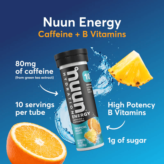 Nuun Energy drink tube with pineapple and orange slices on a blue background