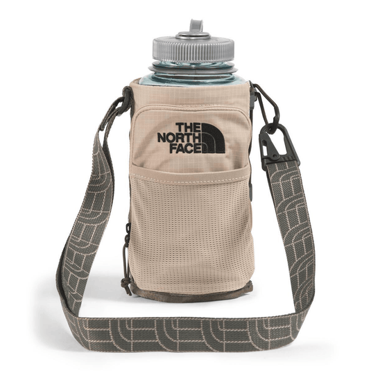 The North Face water bottle holder with a water bottle on a white background