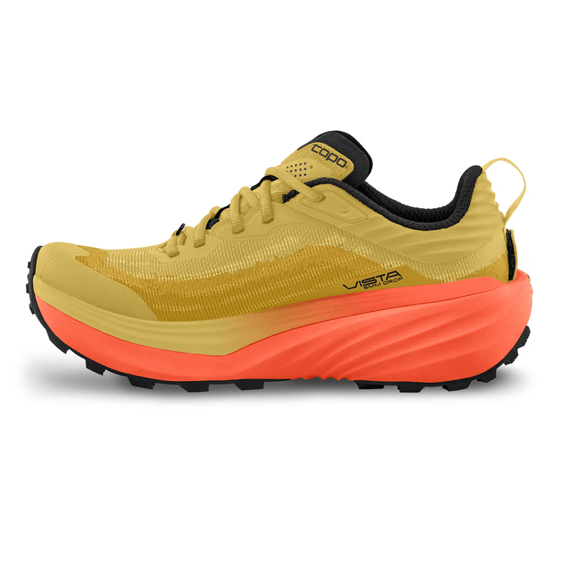 Load image into Gallery viewer, Yellow and orange running shoe with black accents on a white background
