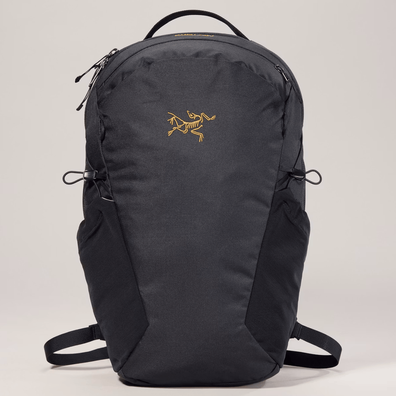 Load image into Gallery viewer, Black backpack with a brand logo on a light gray background

