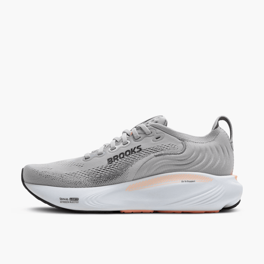 Gray running shoe with 'Brooks' branding on a white background