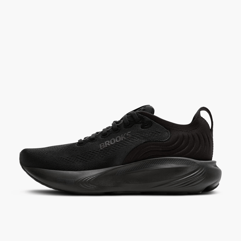 Load image into Gallery viewer, Black running shoe with 'Brooks' branding on a white background
