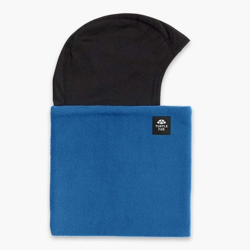 Load image into Gallery viewer, Blue neck gaiter with a black hood and Turtle Fur logo on a white background
