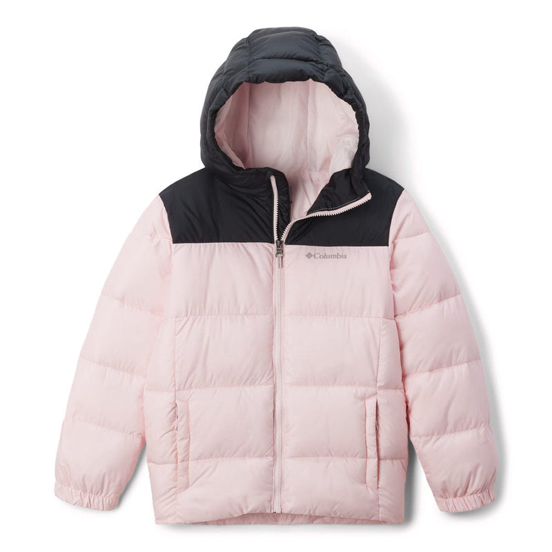 Load image into Gallery viewer, Pink and black hooded puffer jacket on a white background
