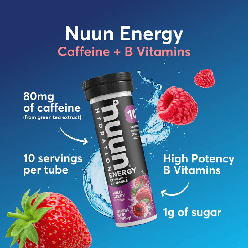 Load image into Gallery viewer, Nuun Energy drink tube with berries and text on a blue background
