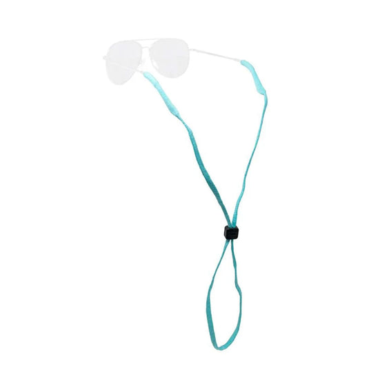 White sunglasses with a turquoise cord on a white background