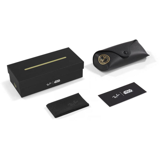 Ray-Ban eyewear packaging set with black box, case, and pouch on a white background