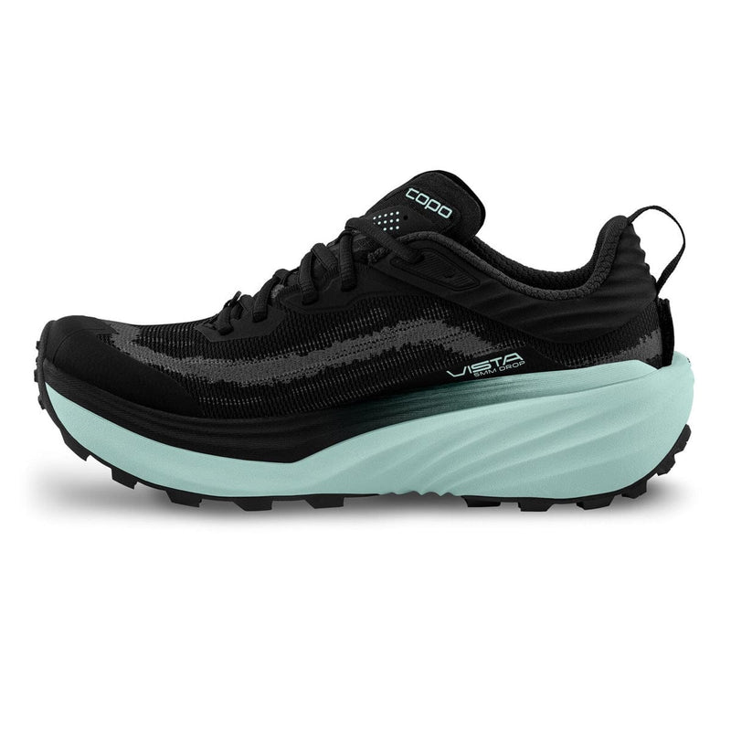 Load image into Gallery viewer, Black running shoe with a light blue sole on a white background
