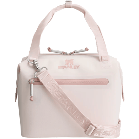 Pink backpack with 'Stanley' branding on a white background