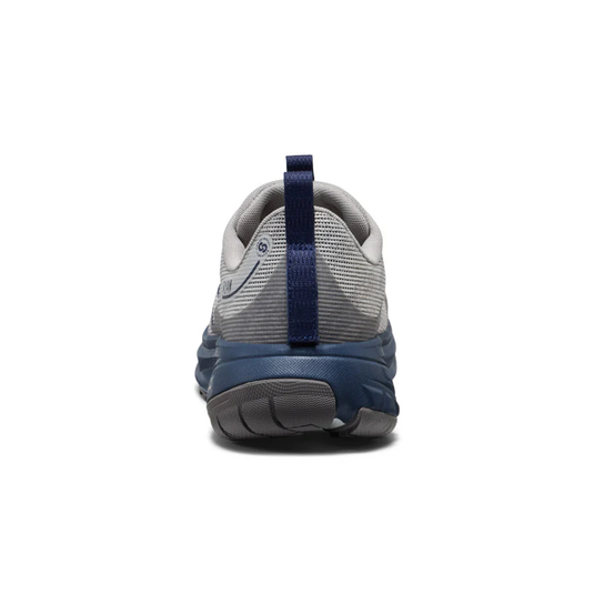 Gray and blue shoe with a strap on a white background