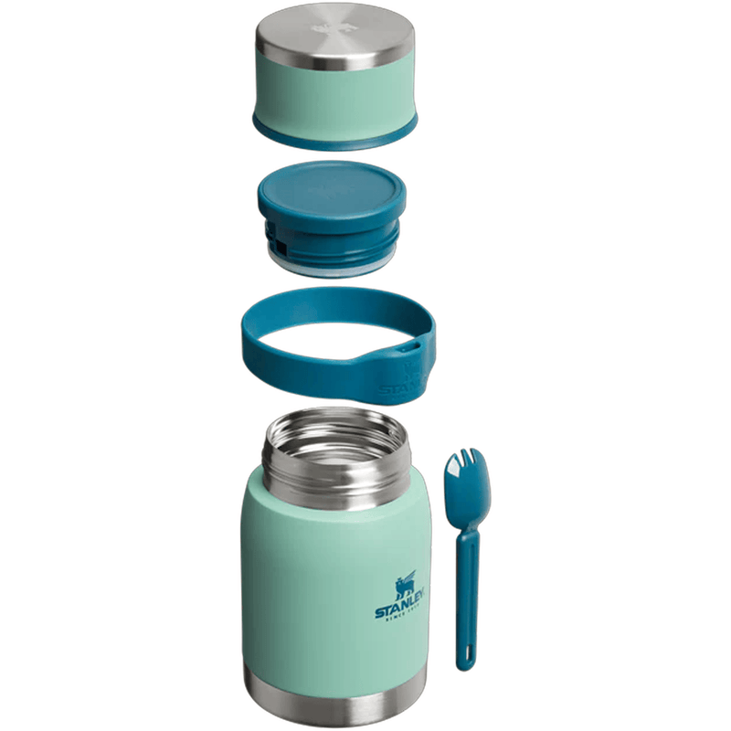 Load image into Gallery viewer, Teal insulated food jar with silver lid and blue fork and spoon on a white background
