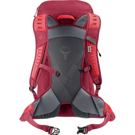 Red and gray backpack with cat ears on a white background