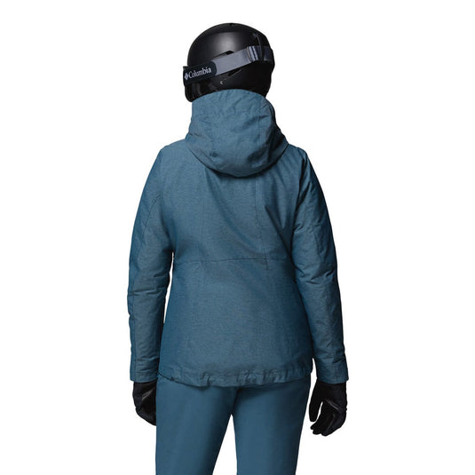 Person wearing a blue jacket, pants, and helmet on a white background