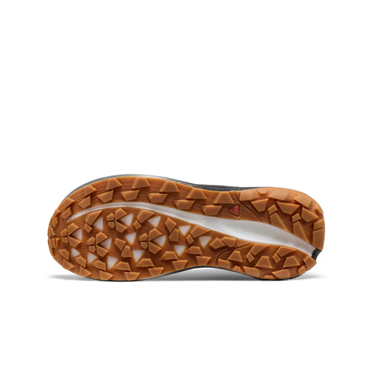 Close-up of a shoe sole with brown tread pattern on a white background