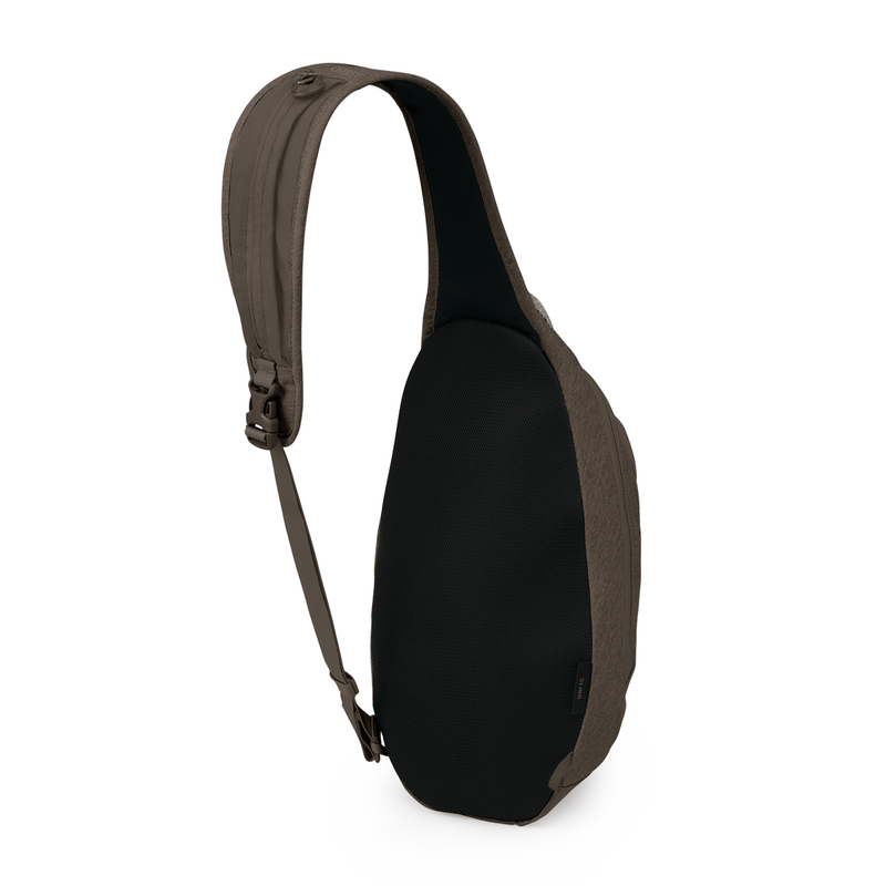 Load image into Gallery viewer, Black sling bag with brown strap on a white background
