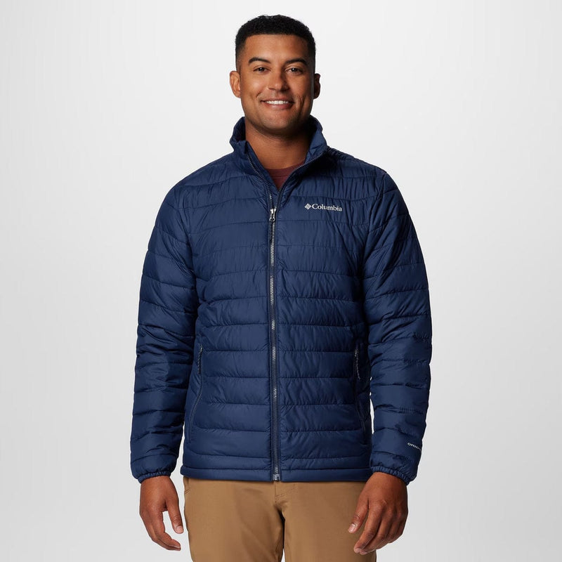 Load image into Gallery viewer, Man wearing a blue Columbia jacket on a white background
