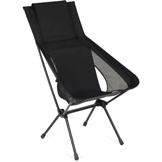 Black camping chair with mesh back on a white background