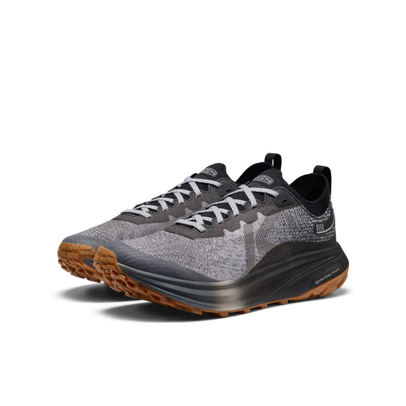 Load image into Gallery viewer, Gray and black running shoes with brown soles on a white background
