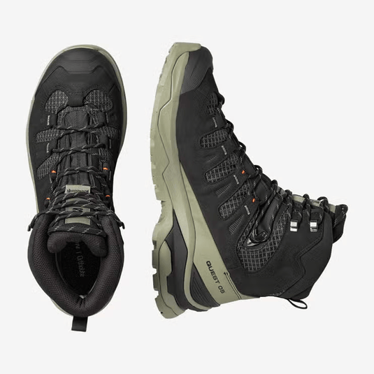Pair of black and gray hiking boots on a white background