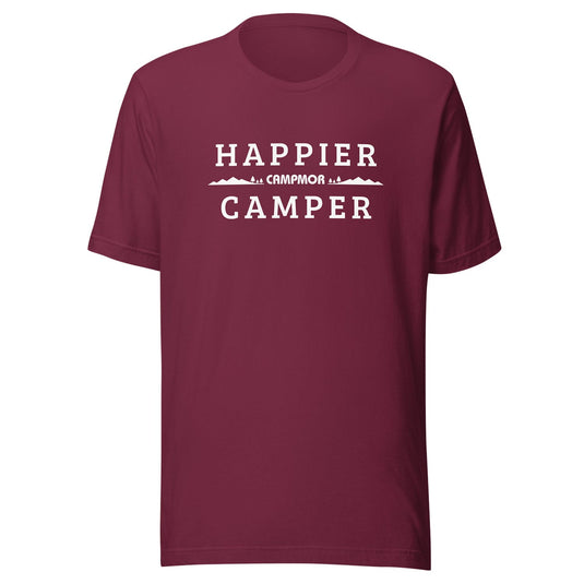maroon t-shirt with white text and campmor graphic on a white background
