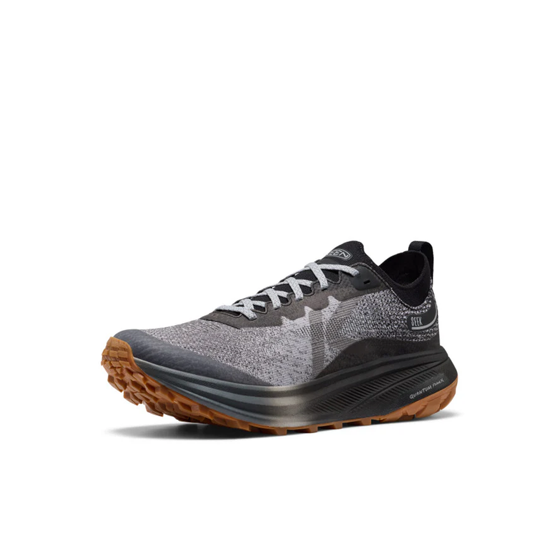 Load image into Gallery viewer, Gray and black running shoe with brown sole on a white background
