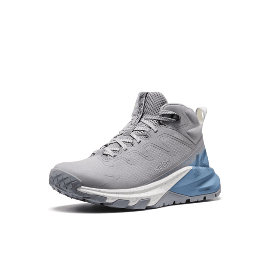 Gray and blue athletic shoe on a white background