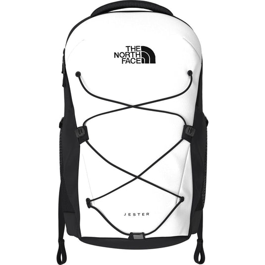 White backpack with black accents and The North Face logo on a white background