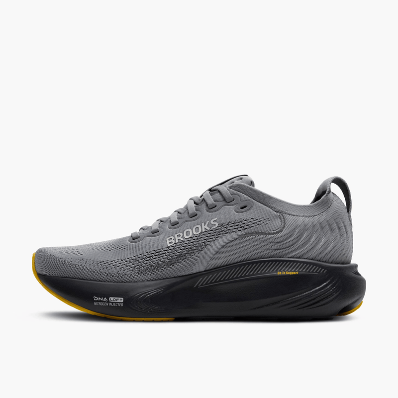 Load image into Gallery viewer, Gray running shoe with 'Brooks' branding on a white background

