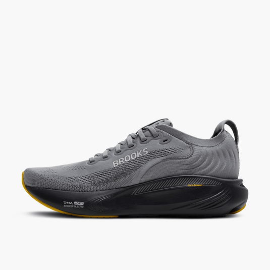 Gray running shoe with 'Brooks' branding on a white background