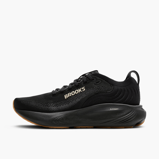 Black running shoe with 'Brooks' branding on a white background