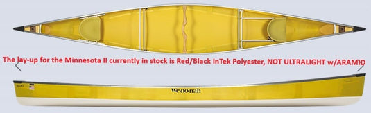 Yellow canoe with red and black inTek Polyester label on a white background