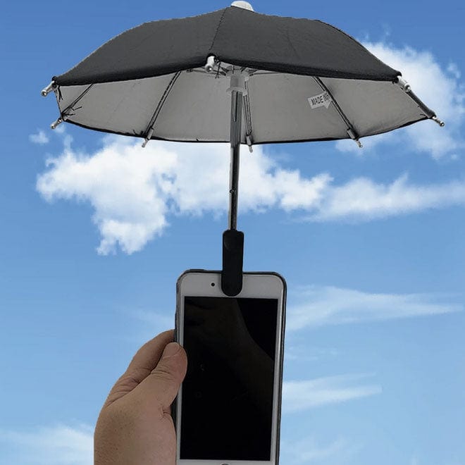 Load image into Gallery viewer, Smartphone with a small umbrella attached against a blue sky background
