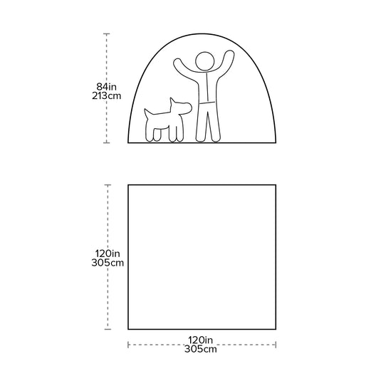 Measurement chart showing dimensions of a room with a person and dog inside a dome-shaped structure.