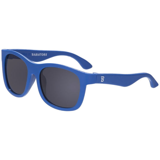 Blue sunglasses with dark lenses on a white background