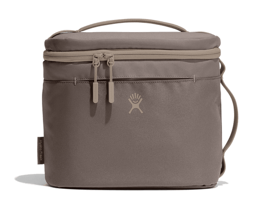 Brown cooler bag with a visible brand logo on a white background